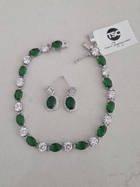 Emerald Green and Silver Tennis Bracelet with Matching Drop Earrings